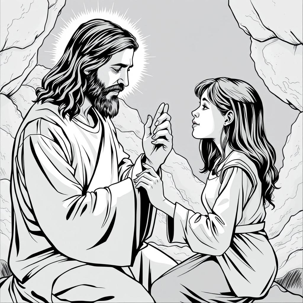 Create a black and white, comic-book-style drawing of Jesus Christ praying over the mind of a teenage girl as she goes through an anxiety attack