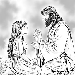 Create a black and white, comic-book-style drawing of Jesus Christ praying over the mind of a teenage girl as she goes through an anxiety attack