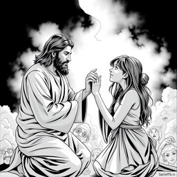 Create a black and white, comic-book-style drawing of Jesus Christ praying over the mind of a teenage girl as she goes through an anxiety attack