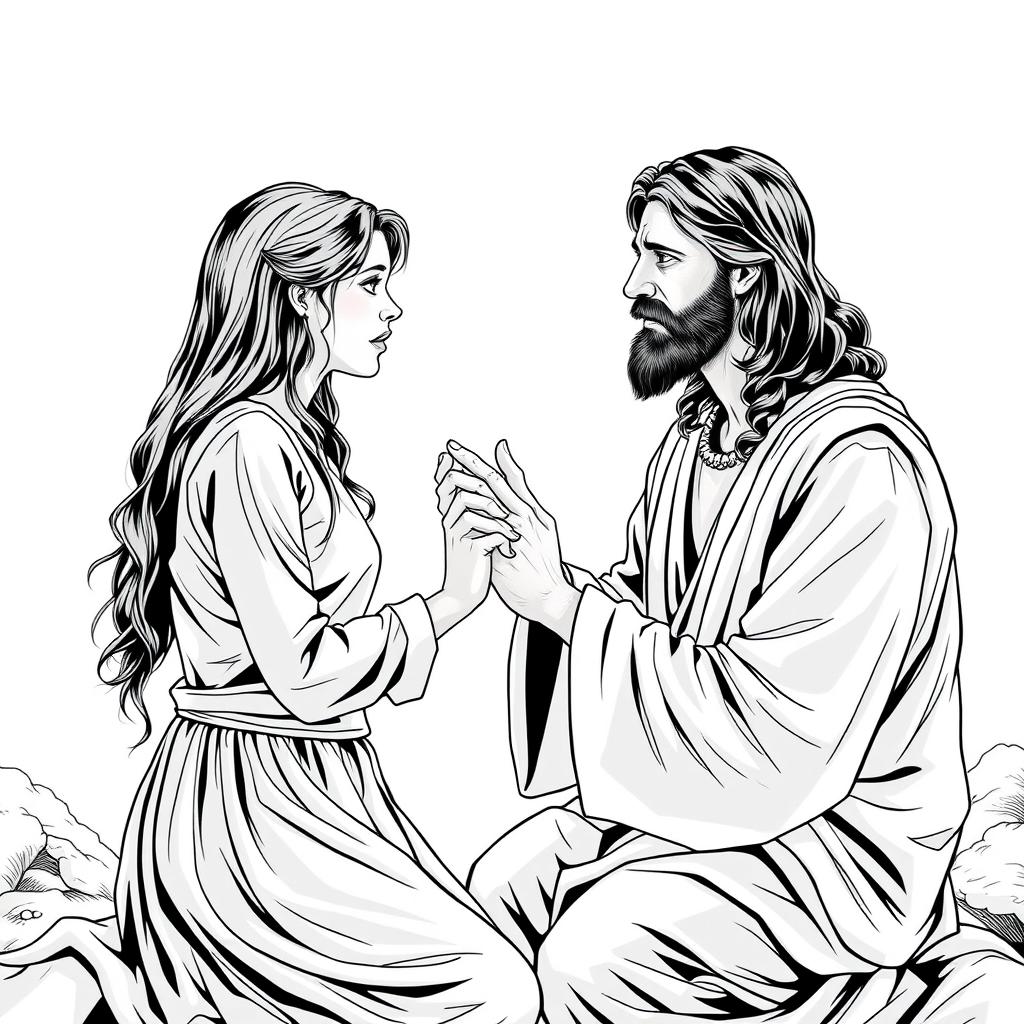 Create a black and white, comic-book-style drawing of Jesus Christ praying over the mind of a teenage girl as she goes through an anxiety attack