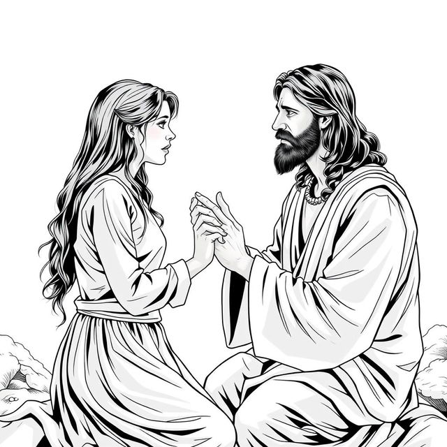 Create a black and white, comic-book-style drawing of Jesus Christ praying over the mind of a teenage girl as she goes through an anxiety attack