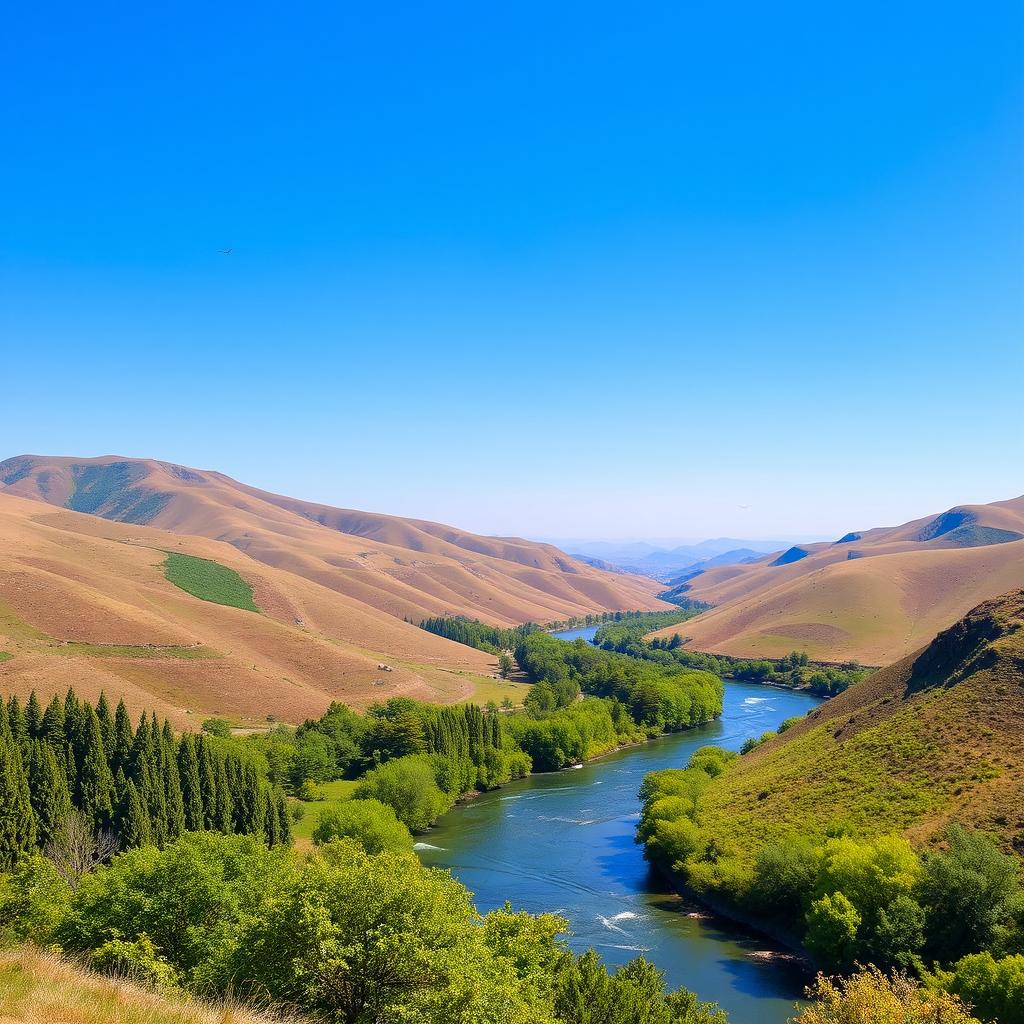 A beautiful landscape with rolling hills, a clear blue sky, and a tranquil river flowing through the valley