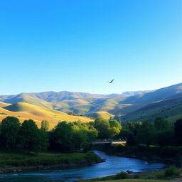 A beautiful landscape with rolling hills, a clear blue sky, and a tranquil river flowing through the valley