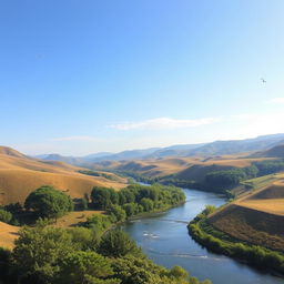 A beautiful landscape with rolling hills, a clear blue sky, and a tranquil river flowing through the valley