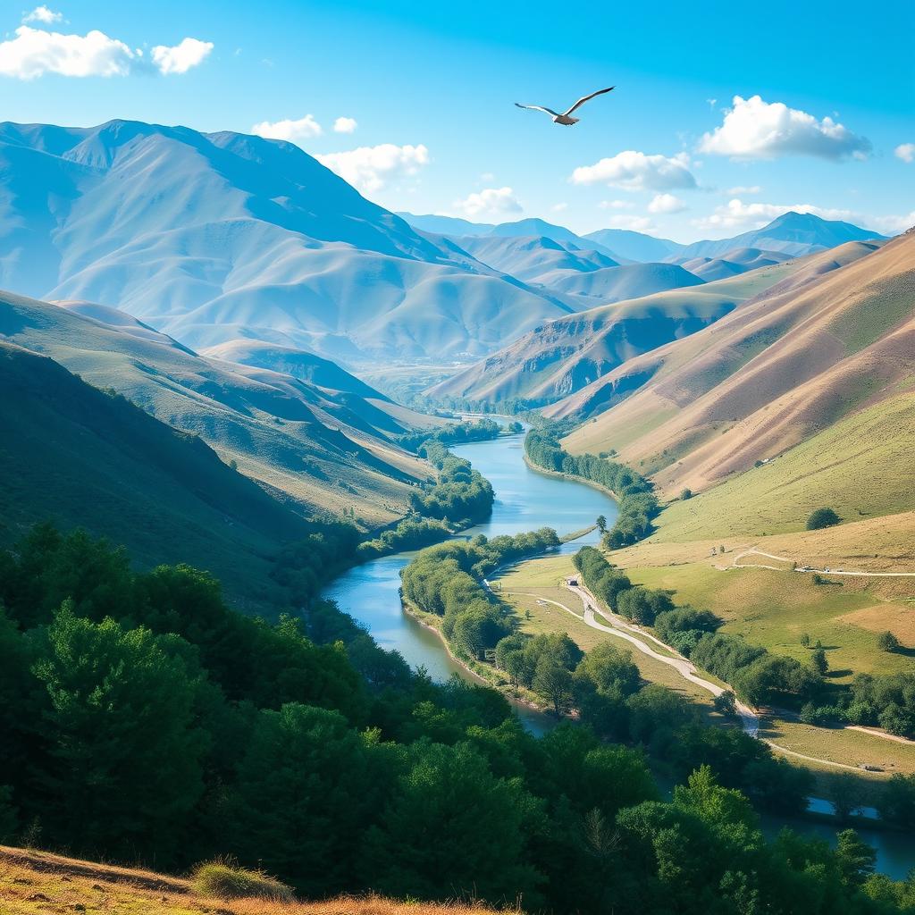 A beautiful landscape with rolling hills, a clear blue sky, and a tranquil river flowing through the valley