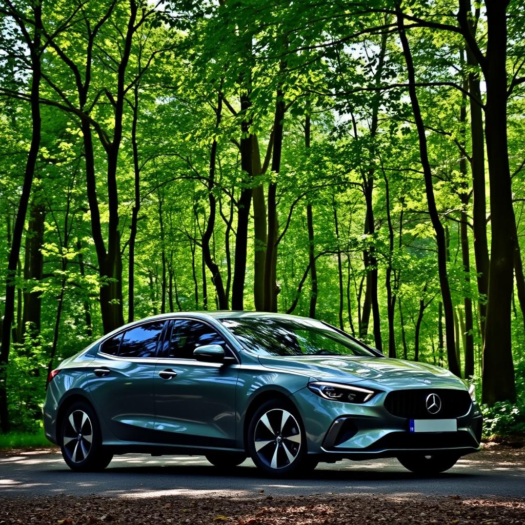 A car parked in a serene forest background