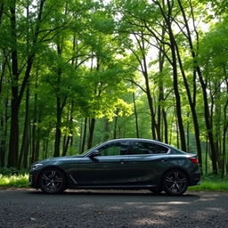 A car parked in a serene forest background