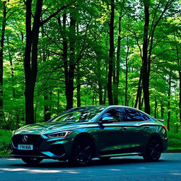 A car parked in a serene forest background