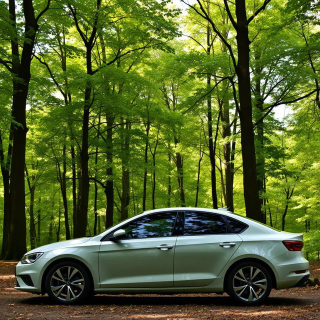 A car parked in a serene forest background