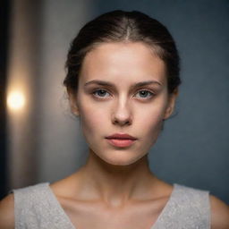 Portrait of a sophisticated and elegant young woman, romantically illuminated, her facial expression indicating internal conflict reflecting her misunderstanding with society.