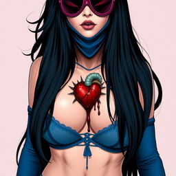 Create an image of a woman with long black hair, very large breasts, wearing sexy blue lingerie, a mask, and sunglasses