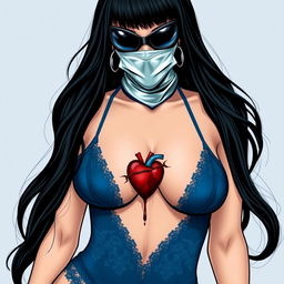 Create an image of a woman with long black hair, very large breasts, wearing sexy blue lingerie, a mask, and sunglasses