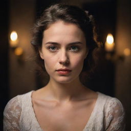 Portrait of a sophisticated and elegant young woman, romantically illuminated, her facial expression indicating internal conflict reflecting her misunderstanding with society.