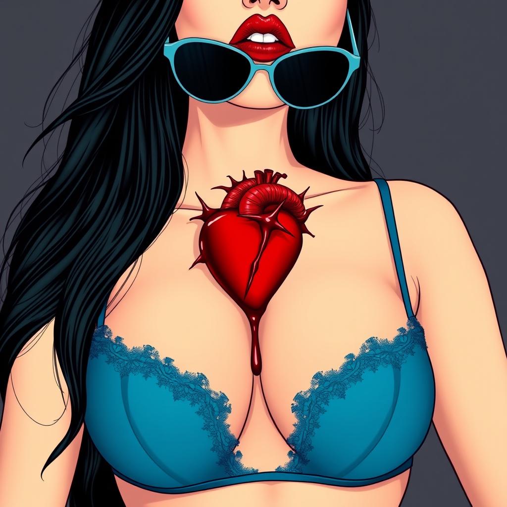 Create an image of a woman with long black hair, very large breasts, wearing sexy blue lingerie and sunglasses