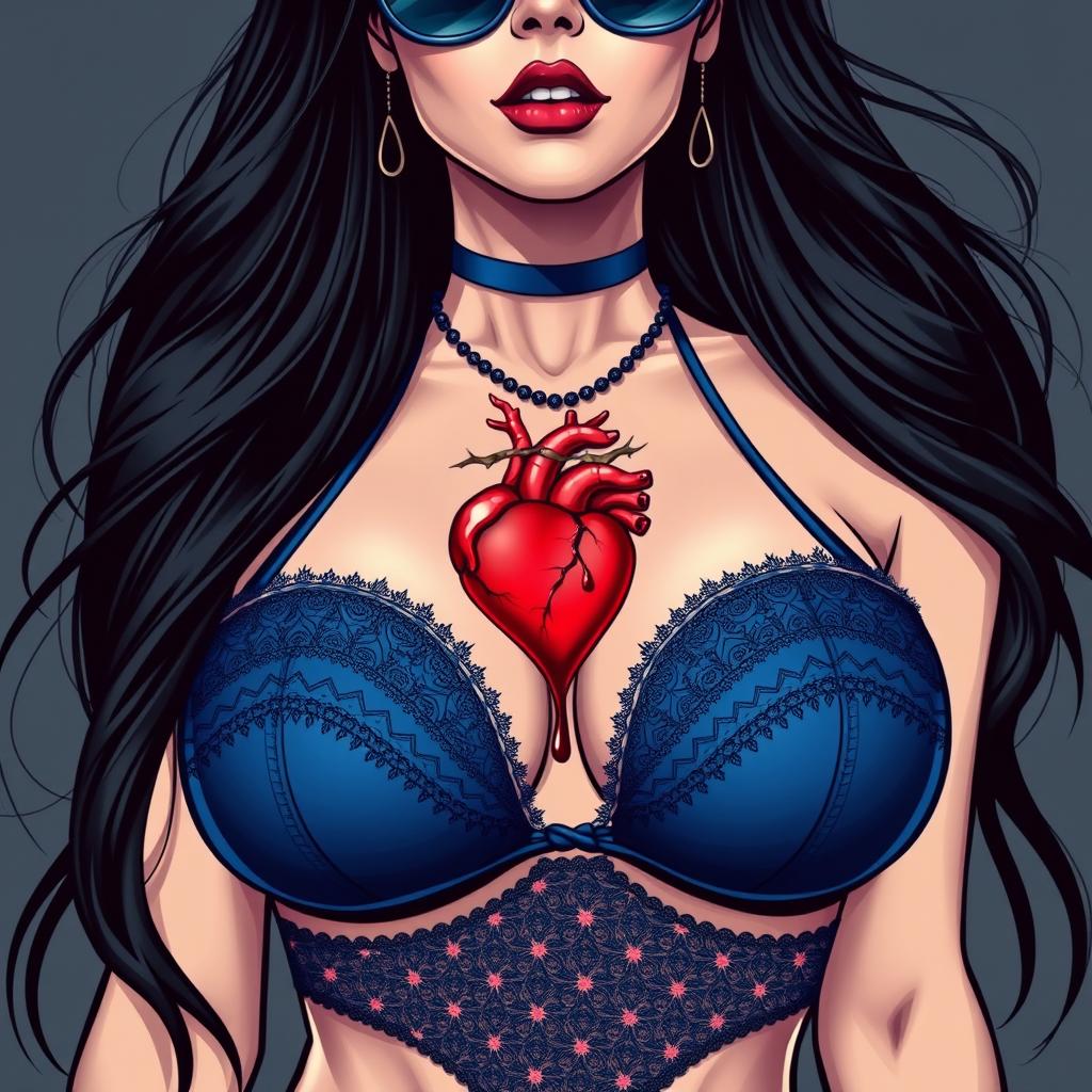 Create an image of a woman with long black hair, very large breasts, wearing sexy blue lingerie and sunglasses