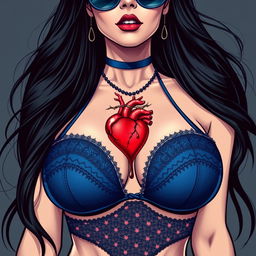 Create an image of a woman with long black hair, very large breasts, wearing sexy blue lingerie and sunglasses