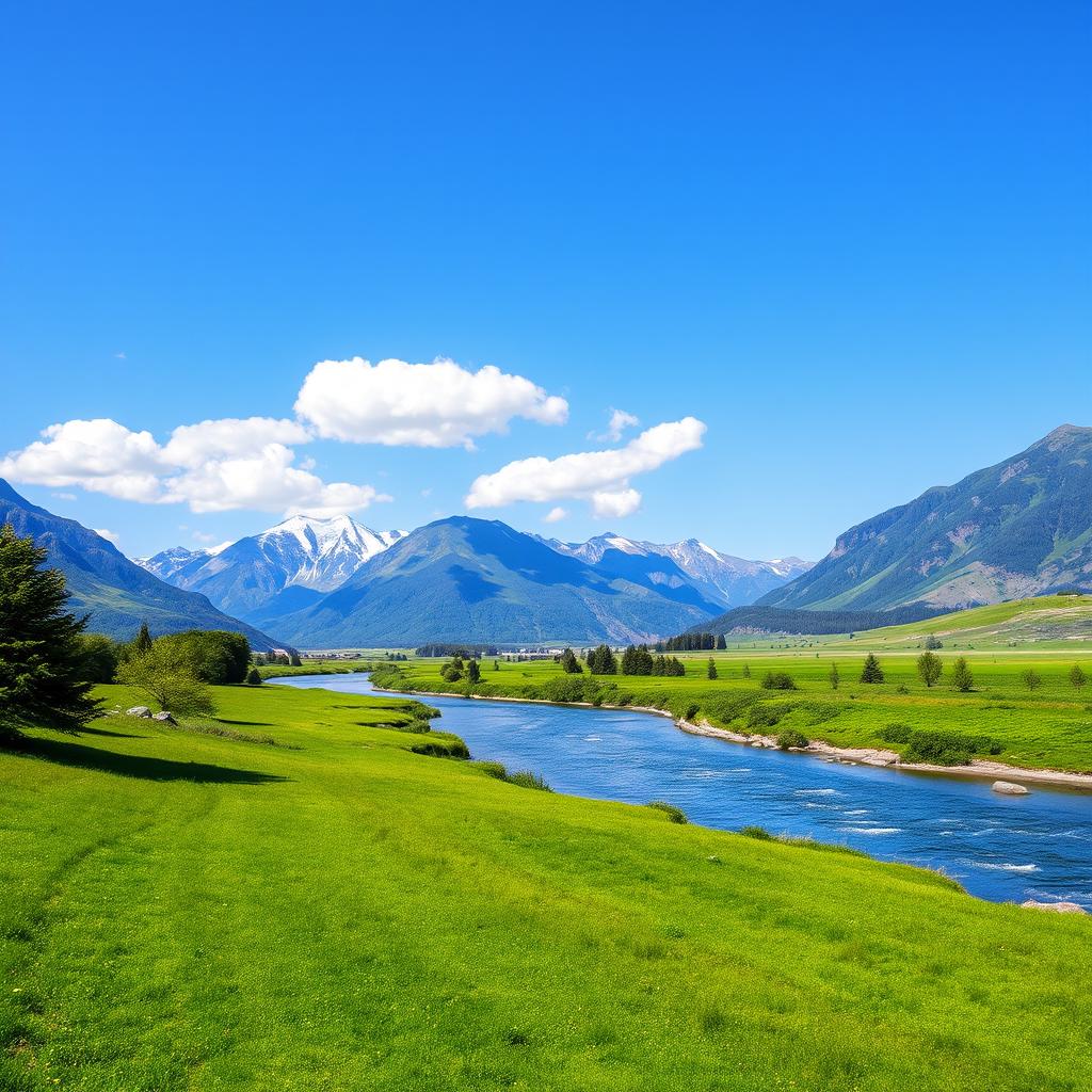 A serene landscape featuring a lush green meadow, a calm river flowing through it, and a clear blue sky with a few fluffy white clouds