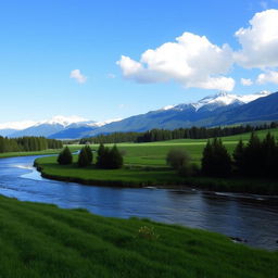 A serene landscape featuring a lush green meadow, a calm river flowing through it, and a clear blue sky with a few fluffy white clouds