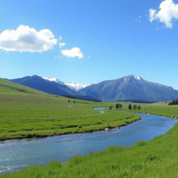 A serene landscape featuring a lush green meadow, a calm river flowing through it, and a clear blue sky with a few fluffy white clouds