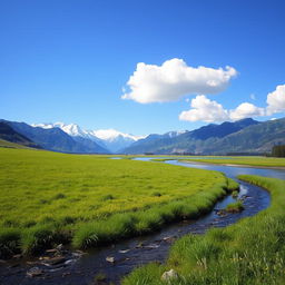 A serene landscape featuring a lush green meadow, a calm river flowing through it, and a clear blue sky with a few fluffy white clouds