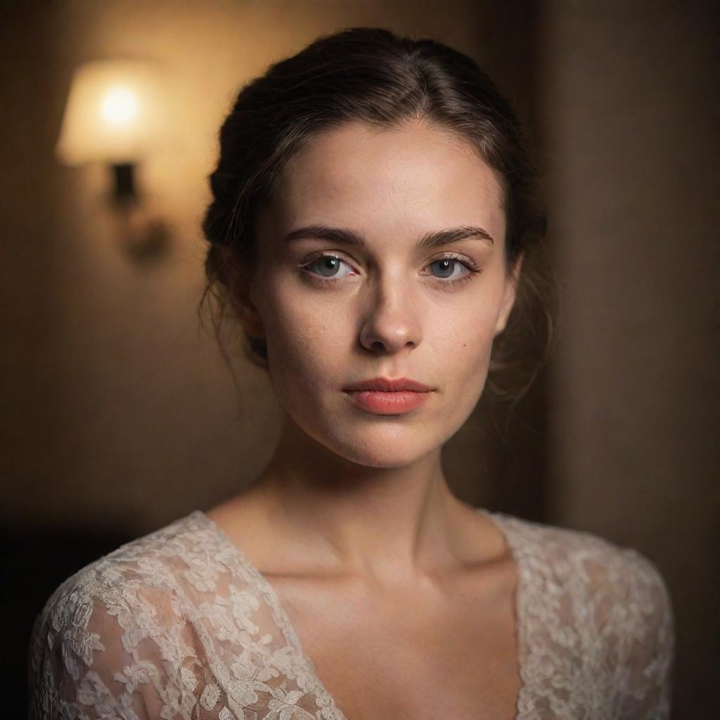 Portrait of a sophisticated and elegant young woman, romantically illuminated, her facial expression indicating internal conflict reflecting her misunderstanding with society.