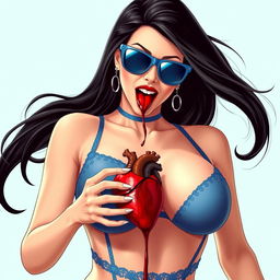 Create an image of a woman with long black hair, very large breasts, wearing sexy blue lingerie and sunglasses