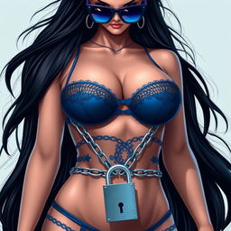 Create an image of a woman with long black hair, very large breasts, wearing sexy blue lingerie and sunglasses