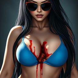 Create an image of a woman with long black hair, very large breasts, wearing sexy blue lingerie and sunglasses