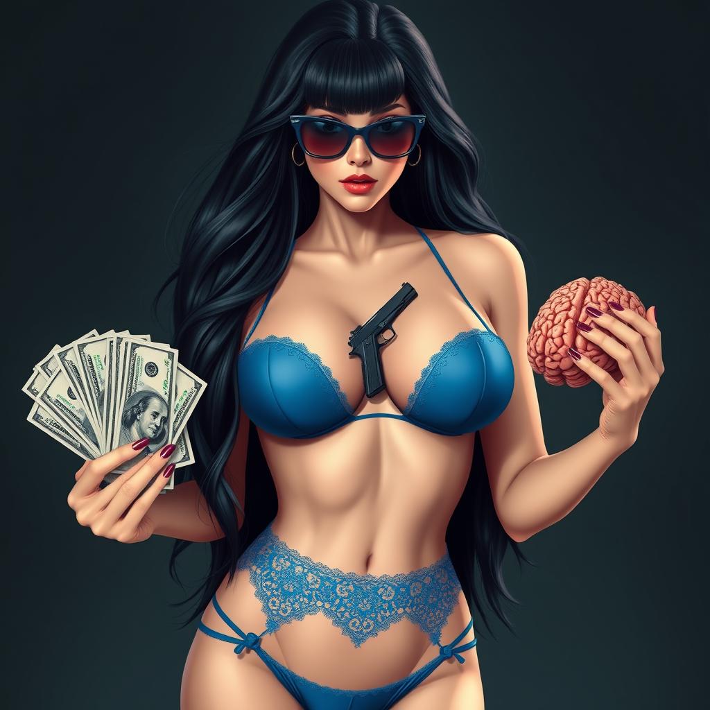 Create an image of a woman with long black hair, very large breasts, wearing sexy blue lingerie and sunglasses