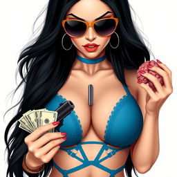 Create an image of a woman with long black hair, very large breasts, wearing sexy blue lingerie and sunglasses