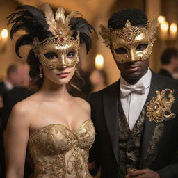 A grand masquerade ball filled with elegantly dressed individuals wearing ornate mysterious masks and beautifully gilded decorations; soft, golden light casting intricate shadows