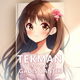 A beautiful anime girl character on the cover of a novel titled 'Teman Sekamarku Ternyata Gadis Cantik'