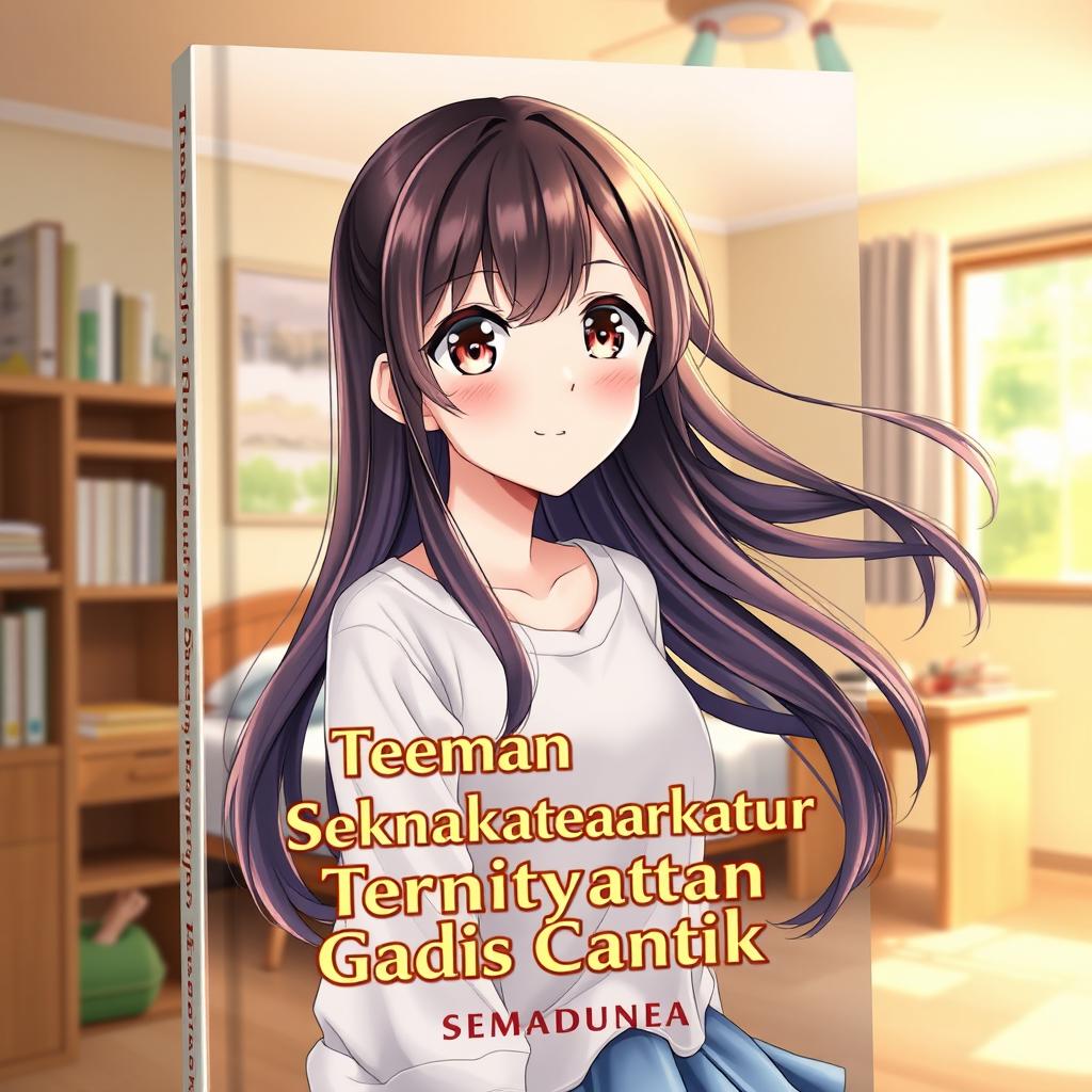 A beautiful anime girl character on the cover of a novel titled 'Teman Sekamarku Ternyata Gadis Cantik'