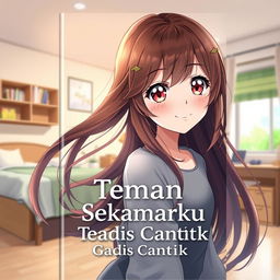 A beautiful anime girl character on the cover of a novel titled 'Teman Sekamarku Ternyata Gadis Cantik'