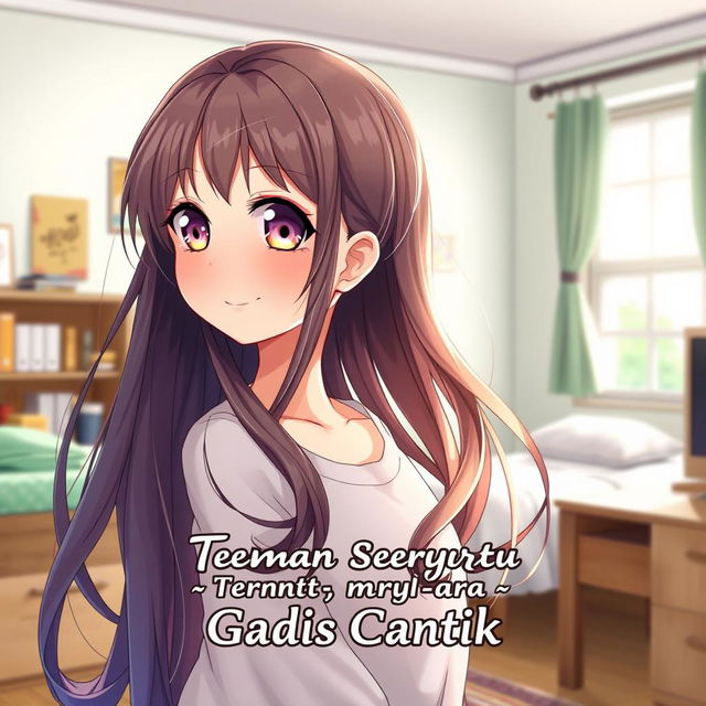 A beautiful anime girl character on the cover of a novel titled 'Teman Sekamarku Ternyata Gadis Cantik'