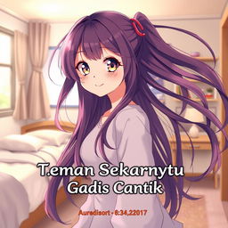 A beautiful anime girl character on the cover of a novel titled 'Teman Sekamarku Ternyata Gadis Cantik'