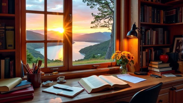 A cozy writer's desk in a wooden house, with a book being written, surrounded by bookshelves