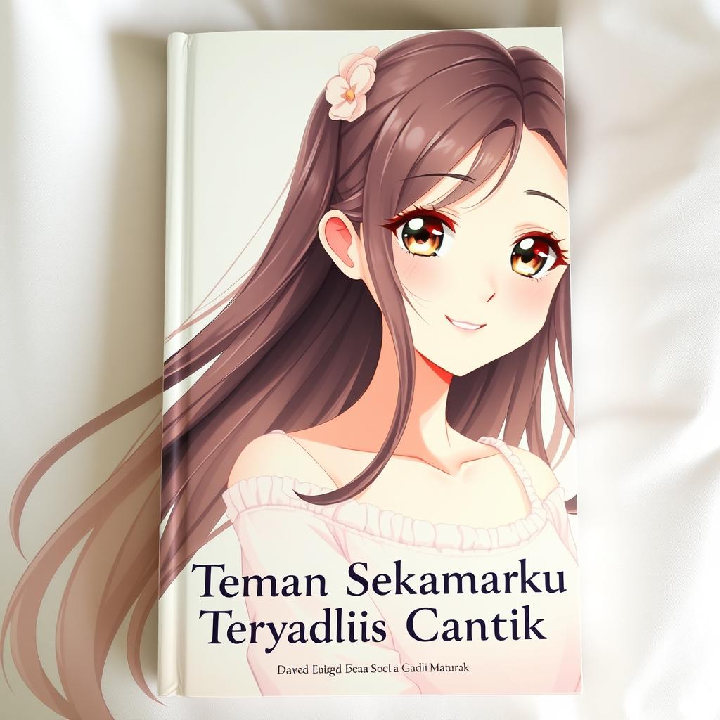 A beautiful anime girl character on the cover of a novel titled 'Teman Sekamarku Ternyata Gadis Cantik'