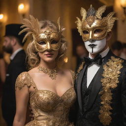 A grand masquerade ball filled with elegantly dressed individuals wearing ornate mysterious masks and beautifully gilded decorations; soft, golden light casting intricate shadows