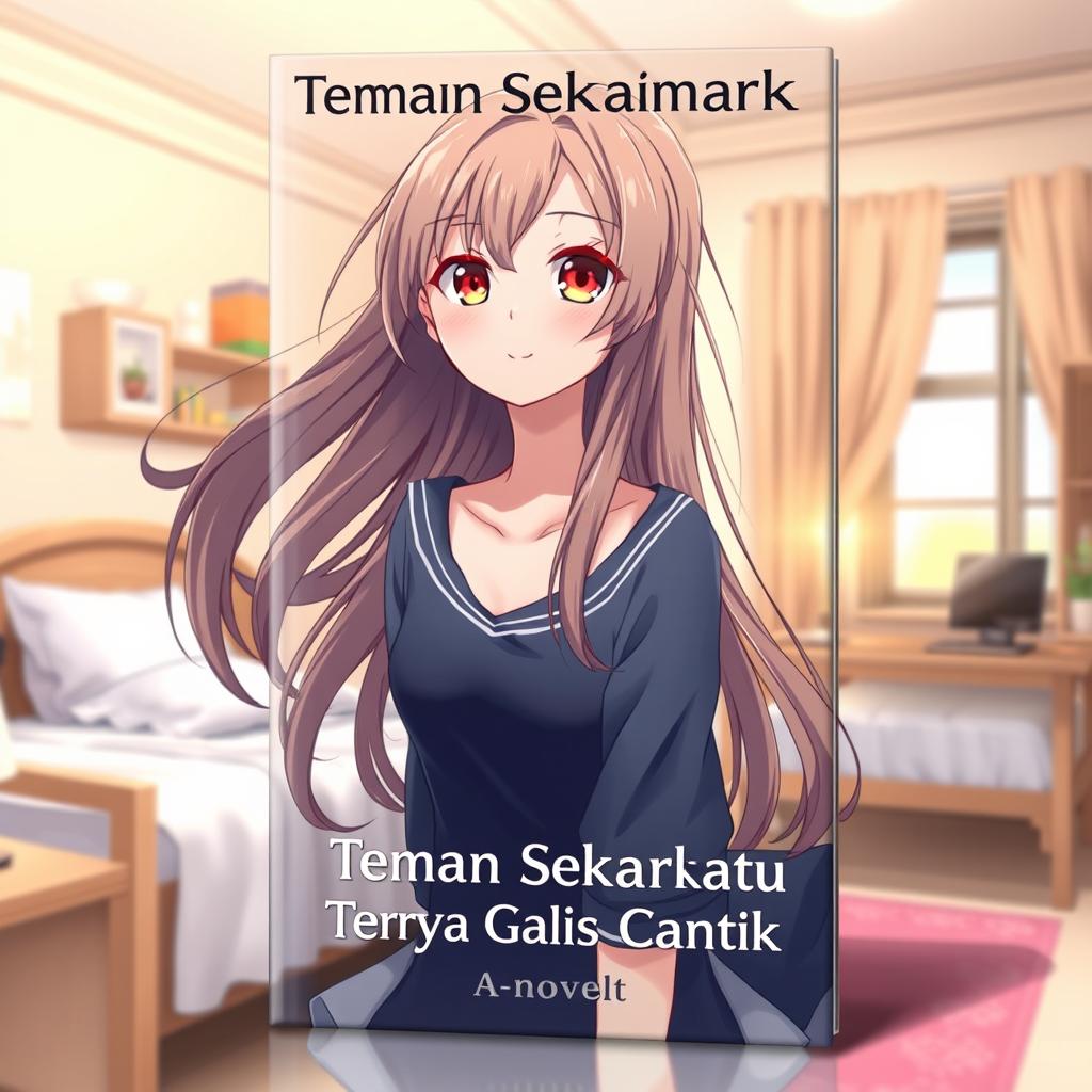 A beautiful anime girl character on the cover of a novel titled 'Teman Sekamarku Ternyata Gadis Cantik'