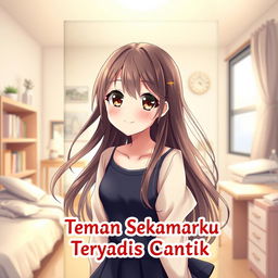 A beautiful anime girl character on the cover of a novel titled 'Teman Sekamarku Ternyata Gadis Cantik'