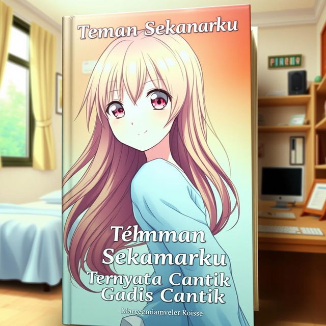 A beautiful anime girl character on the cover of a novel titled 'Teman Sekamarku Ternyata Gadis Cantik'