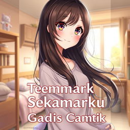 A beautiful anime girl character on the cover of a novel titled 'Teman Sekamarku Ternyata Gadis Cantik'