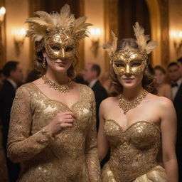 A grand masquerade ball filled with elegantly dressed individuals wearing ornate mysterious masks and beautifully gilded decorations; soft, golden light casting intricate shadows