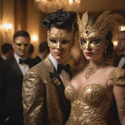 A grand masquerade ball filled with elegantly dressed individuals wearing ornate mysterious masks and beautifully gilded decorations; soft, golden light casting intricate shadows