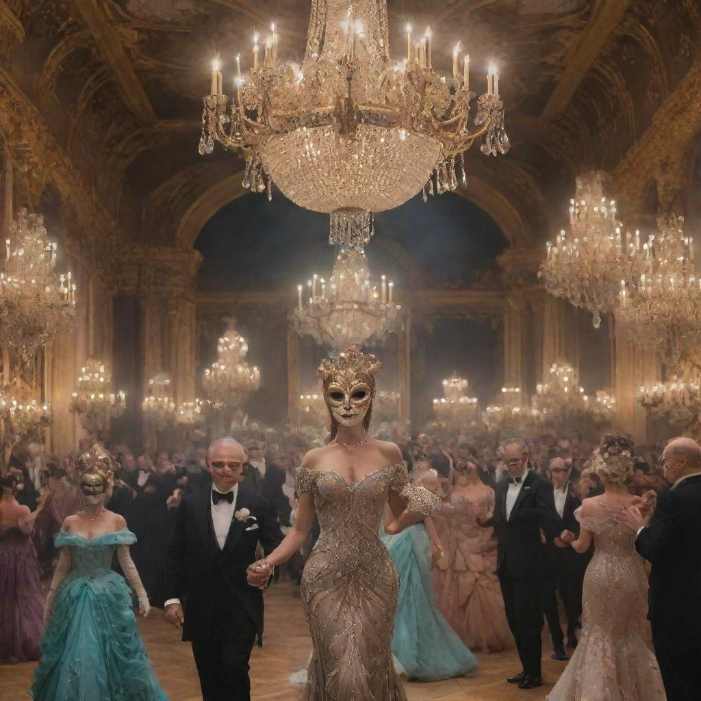 A piece of art of a lavish masquerade ball, filled with people wearing intricate masks, under dazzling chandeliers, and in the midst of an ornate dance