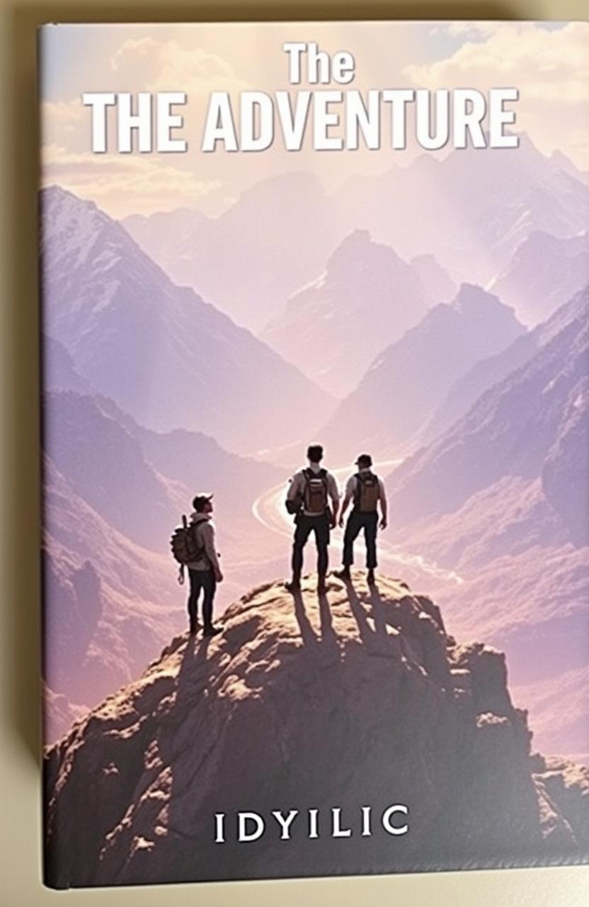 A book cover featuring a group of companions standing at the top of a mountain, looking over an epic landscape of scenery