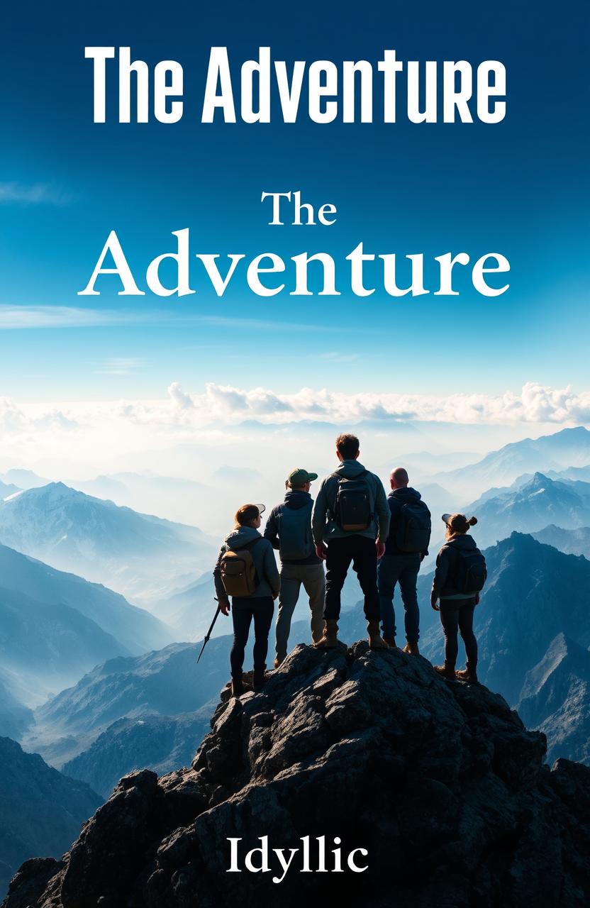 Create a book cover showing a group of companions standing at the peak of a mountain, gazing over an expansive and epic landscape