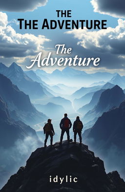 Create a book cover showing a group of companions standing at the peak of a mountain, gazing over an expansive and epic landscape