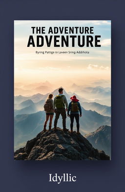 Create a book cover showing a group of companions standing at the peak of a mountain, gazing over an expansive and epic landscape